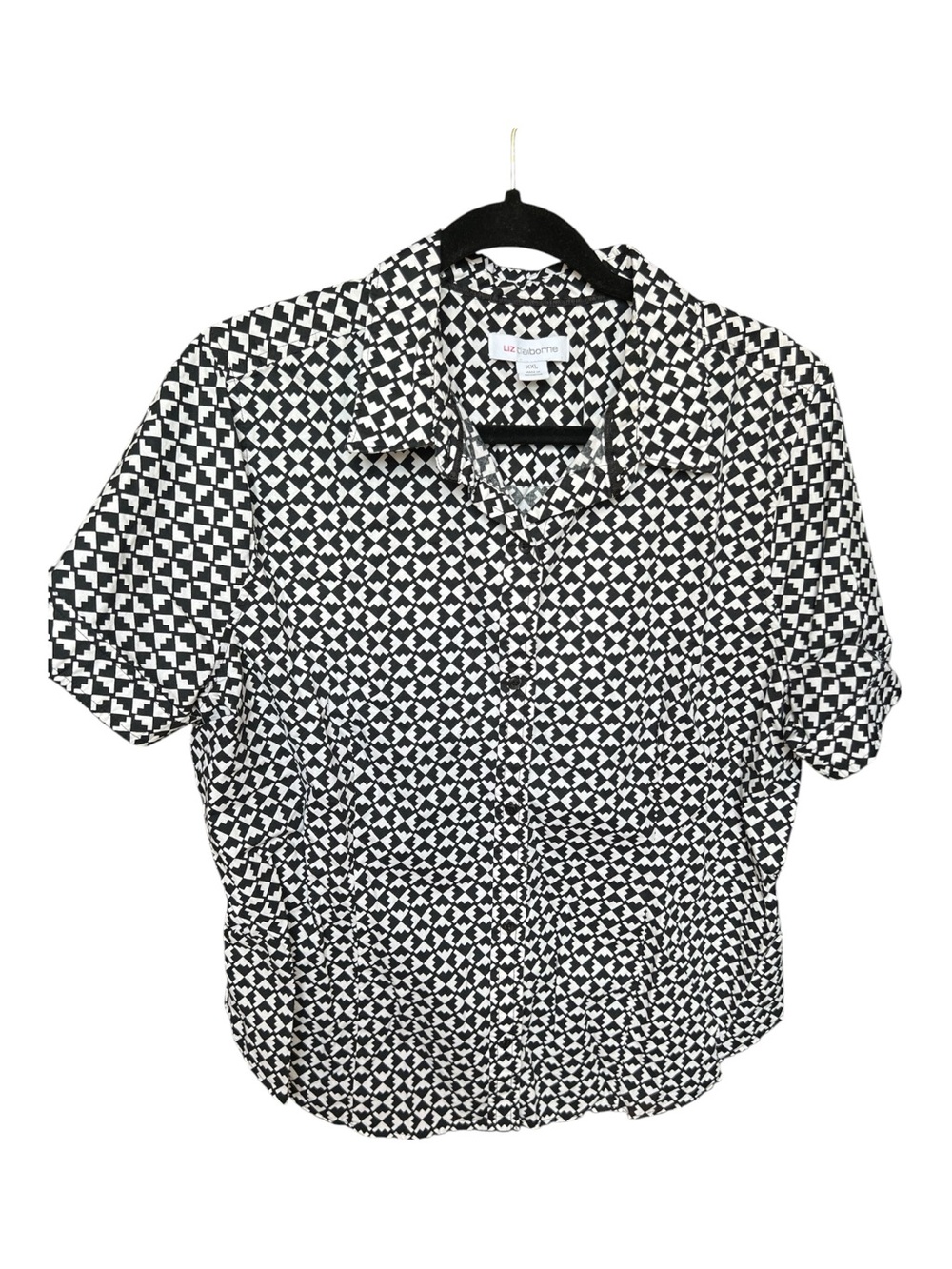 Women’s Liz Claiborne Black and White Geometric Button-Up Short Sleeve Shirt